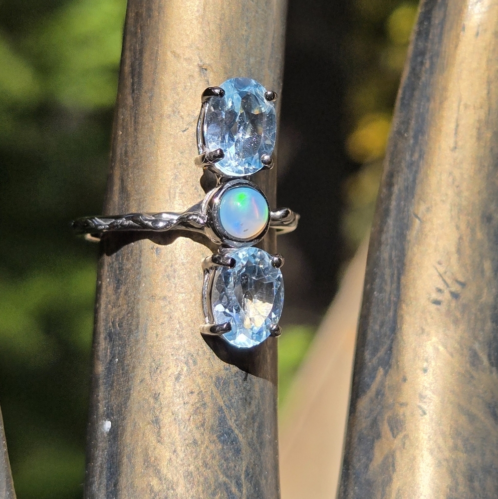 Blue Topaz & Opal Natural Gemstone Sterling & Rhodium Ring Sz6 - Picture 3 of 8
